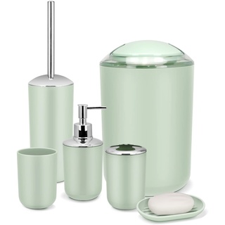 IMAVO Badezimmer-Zubehör-Set – 6-teiliges grünes Badezimmer-Zubehör-Set mit Mülleimer, Seifenspender, Seifenschale, Zahnbürstenhalter & Becher, WC-Bürstenhalter, Badezimmer-Dekor-Sets, Zubehör