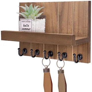 Kldgris Schlüsselbrett Holz mit Ablage, Schlüsselhalter mit 5 Schlüsselhaken, Dekoratives Holz Wandregal, für Eingangsbereich, Haustür, Flur, Schlafzimmer, Braun