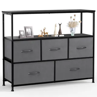 Sweetcrispy Kommode,TV Schrank Stand für Schlafzimmer mit 5 Stoffschubladen,Sideboard Wohnzimmer für 115cm TV,Einstellbare Füße Schubladenschrank,Komodenschrank für Schlafzimmer,Modernes Grau