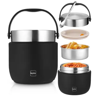 Thermobehälter für Essen 1200ml, Thermoschüssel mit Deckel aus Edelstahl | Warmhaltebehälter mit Faltbaren Löffel, Lunchbox Thermo Kinder Erwachsene für die Aufbewahrung von Suppen, Brei, Schwarz