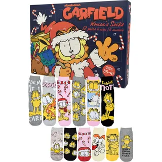 Garfield Adventskalender mit 12 Paar Socken Größe 35-41 für Damen Weihnachtskalender mit Sneakers und langen Socken