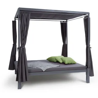 blumfeldt Senator Lounge - Doppel-Gartenliege mit Sonnendach, Lounge-Pavillon, 188 x 208 x 205 cm, komfortable Polsterung, Sichtschutz-Vorhänge, wasserfest, Stahlrahmen, max. 350 kg, grau - Dunkelgrau
