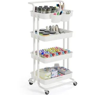 Songmics Rollwagen, 4 Ebenen, Servierwagen, Küchenwagen mit Griff, 2 kleine Einhängefächer, 2 Bremsen, Ablagefächer aus Kunststoff, einfacher Aufbau, Schlafzimmer, weiß BSC077WZ01
