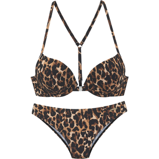 Push-Up-Bikini BRUNO BANANI, Damen, Gr. 36, Cup A, braun (leo bedruckt), Recycling-Polyamid, Bikini-Sets Push-Up-Bikini, mit Vorderverschluss