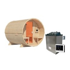 Karibu Fass-Sauna 2 Set Naturbelassen mit Ofen 9 kW ext. Steuerung