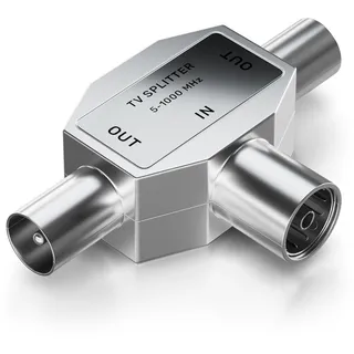 deleyCON Antennen-Verteiler T-Kupplung Zweigeräte-Verteiler für TV/T-Adapter Koax-Kupplung 2X Koax-Stecker Kabelfernsehtauglich Silber