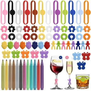 Nagoyuki 72 Stück Glasmarkierer, Glasmarker Silikon,Weinglas Glasmarker, Glas Markierung, Ideal für Gläserbeschriftung, Porzellan, Kunststoff, Geburtstagsevents