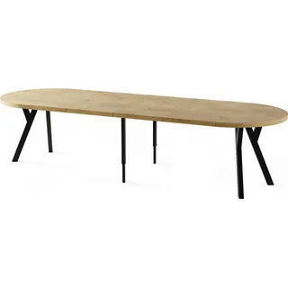 Esstisch Rund Groß XXL Ausziehbar im Loft-Stil – 100 bis 300 cm – Extra Lang Ausziehtisch mit Schwarzen Holzbeinen, Industrieller Tisch für 5-16 Personen – Esszimmertisch – Eiche Hell Braun - Braun