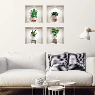 3D-Wandaufkleber, selbstklebend, 3D-Effekt, skandinavische Pflanzen und Vasen, Wandtattoo, Schlafzimmer, Wandaufkleber, 3D-Deko, Wohnzimmer, Wandaufkleber, Trompe, das Auge, 80 x 80 cm