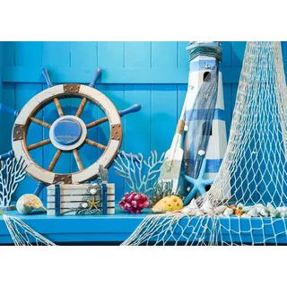 BELECO 1.8x1.2m Blaue Holzkulisse im maritimen Stil mit Segelschiff Bootsruder Fischernetz und Leuchtturm – ideal für sommerliche Maritime Themenpartys Babypartys Geburtstagsfeiern Studio-Requisite