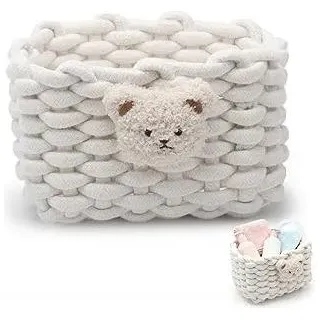 Aufbewahrungskorb Geflochten Baumwolle Strickkorb?mit Bärenmotiv Aufbewahrungskorb Weiß - Badezimmer Organizer?für Schreibtisch, Schminktisch, für Schränke,Bad,Küche (Weiß)