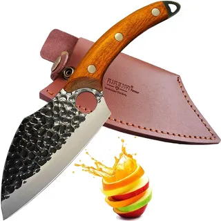 AIRENA Handgefertigte Küchenmesser, Profi-Kochmesser, Langanhaltende Schärfe Klinge aus Hochwertigem Kohlenstoffstahl - Ergonomischer Holzgriff mit Lederscheide für Zuhause, Camping, BBQ, Geschenkbox