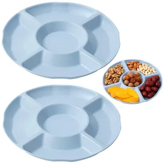 XUEHOU 2 Stück Snackteller Runden Snackschale Süßigkeiten Schale Snackteller mit Fächern Snacktablett 5 Fach Obstteller Wiederverwendbar Blauer Snacktellers für Nüsse Desserts
