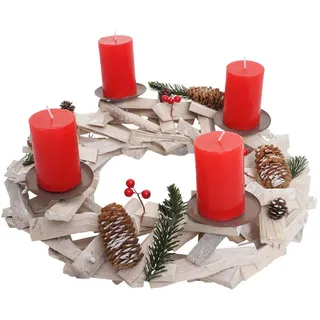 MCW Adventskranz Rund Holz Kerzen ROT Weiß, Rot , Holz , 10 cm , Dekoration, Weihnachtsdekoration, Adventskränze