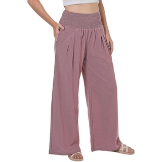 Lofbaz Damen Sommer Fließend Baumwolle Leinen Palazzo Weite Hosen Strand Hohe Taille Hose Boho Lange Loungehose mit Taschen Lila Rose M