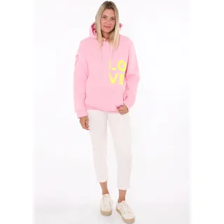 Kapuzensweatshirt ZWILLINGSHERZ, Damen, Gr. L/XL (L/XL), pink, Sweatware, Obermaterial: 50% Baumwolle, 50% Polyester, normal hüftlang, V-Ausschnitt, Sweatshirts Kapuzensweatshirt, mit gesticktem Neon Herz am Ärmel und "Love" Schriftzug auf Kordel