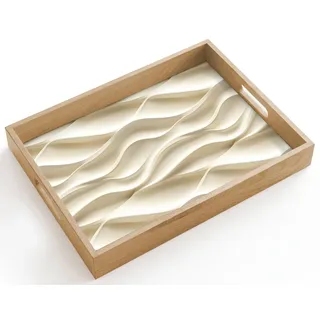 OnlyWow© Holztablett Küchentablett Servier Tablett Eiche Serviertablett | 40x30 cm - Rechteckig - Holz Servierplatte Mit Henkel Tray Kaffeetablett Linien - Gewellt - Creme