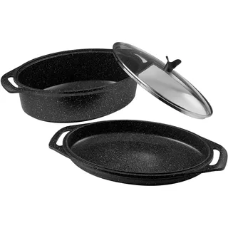 Pradel Excellence, PCUI001028, 3er-Set Bratentopf Premium Oval, Aluguss, Glasdeckel, Antihaftbeschichtung in Steinoptik, alle Herdarten, 39x28cm, Schwarz