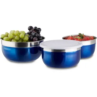 Relaxdays Schüssel Set mit Deckel, 3-teilig, unterschiedlich groß, Edelstahl, Küchenschüsseln, Vorrat, Camping, blau
