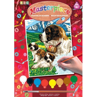 MAMMUT 8221109 - Malen nach Zahlen Junior, Bernhardiner, Hund, Komplettset mit bedruckter Malvorlage im A4 Format, 8 Acrylfarben, Pinsel und Anleitung, Malset für Kinder ab 8 Jahre