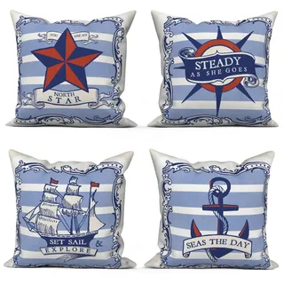 ASDCXZ Maritim Kissenbezug 40x40 cm 4er Set, Rot Blau Anker Kompass Segelboote Weiß Sofa Dekokissen Kissenbezüge Kissenhülle Waschbar Polyester Flachs Textil Outdoor Kopfkissenbezug Kissen Bezug