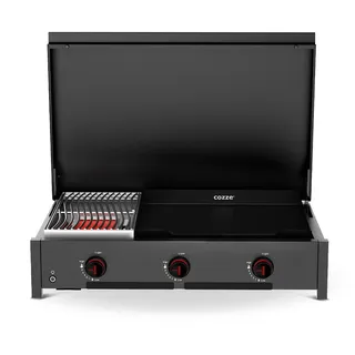 Cozze® Combo 900 | 2-in-1 Gasgrill und Plancha in schwarzer Edition | 3 Brenner mit Deckel & Thermometer | Emaille-Gusseisen-Plancha-Griddle