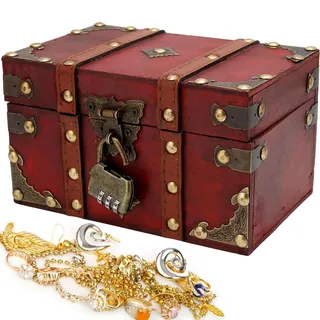 AOTOPYU Schatztruhe, Schatzkiste Kindergeburtstag, Piratenkiste, Geschenk-Box verschließbar mit Deckel und Schloss, Holztruhe (M: 22x15x14cm)