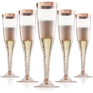 ZkateTrade 30 Stück Sektgläser Plastik, 150ml Champagner Gläser mit Roségoldrand und Roségoldglitter aus Kunststoff, Sektglas Plastik Mehrweg für Mimosa Bar Hochzeit Party Picknick im Freien