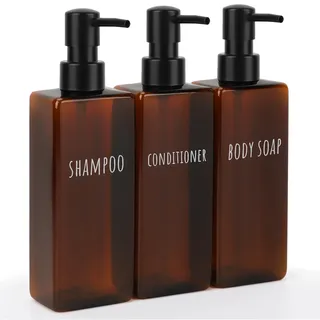 Segbeauty Duschgel Spender, 3 Stück Shampoo Flaschen zum Befüllen 500ml, Seifenspender Dusche mit Bedruckten Etiketten, Seifenspender Kunststoff (Braun)