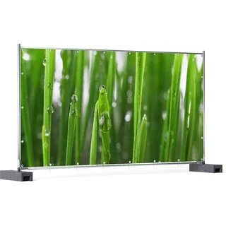 Wallario XXL Outdoor-Poster für Garten oder Balkon, Motiv Wassertropfen an Grashalmen, in ca. 340 x 173 cm - Grün