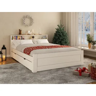 OTTO home Massivholzbett »FLAVION, TOPSELLER! Jugendbett, FSC® zertifizierte massive Kiefer« Breite: 90, 140, 180, Qualitätsprodukt, Regal, Kassettenoptik, Schublade optional, weiß