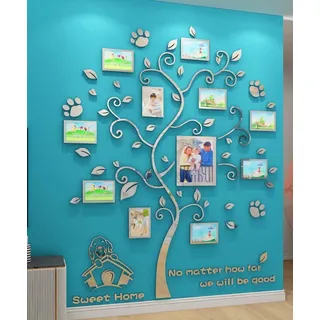 Wandtattoo Baum 3D DIY Wandaufkleber Familie Bilderrahmen Foto Hund Sticker Wandbilder Wandkunst Wanddekoration für Schlafzimmer Wohnzimmer Kinderzimmer Hause Kindergarten