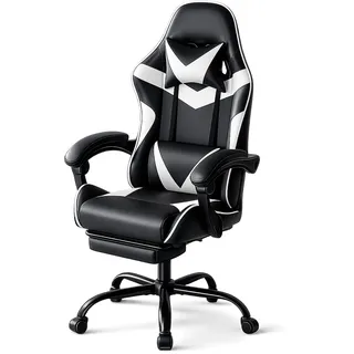 DUMOS Gaming Stuhl, Chair Gamer Sessel - Ergonomischer Gamer Stuhl mit Fußstütze Kopfstütze und Lordosenstütz Höhenverstellbar Gepolstert Gamingstuhl 150 Kg Tragkraft PC Sessel Drehsessel Schwarz-Weiß