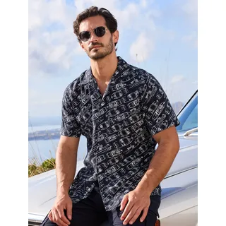 Kurzarmhemd LERROS "Kurzarmhemd mit maritimem Allover-Print aus Baumwolle", Herren, Gr. L, Normalgrößen, schwarz-weiß (classic navy), 100% Baumwolle, Hemden Kurzarmhemd