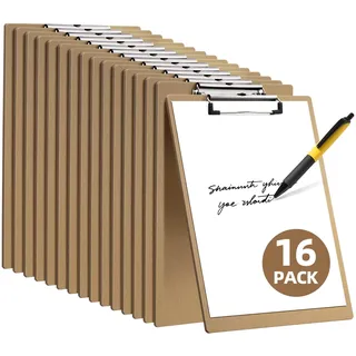 Klemmbretter, Briefgröße, umweltfreundlich, Holz, Hartfaserplatte, 22.9 x 31.8 cm, für A4-Papier, flache Klammer mit Aufhängung, für Büro, Schule, Klassenzimmer, Krankenhaus, Reisen, Braun, 16 Stück