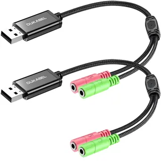DuKabel 2 Pack Externe USB Soundkarte Adapter für Computer, Laptop und PS4, USB auf 2 x 3.5mm Buchse Aux Audio Konverter Kabel 25 cm für Kopfhörer, Lautsprecher und 3 Pole TRS Mikrofon - Schwarz
