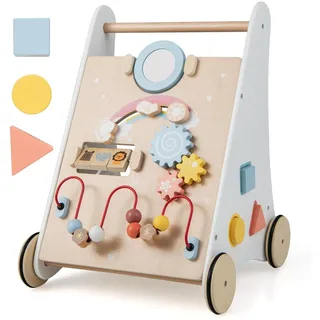 FANTASK 7 in 1 Lauflernwagen aus Holz, Lauflernhilfe mit Aufbewahrungsbox in Weiß, Montessori Baby Walker mit Spielbrett, Spiegel & Bauklötzen, Jungen und Mädchen ab 1 Jahr