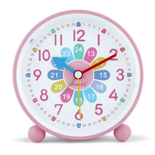Lafocuse Kinderwecker Rosa ohne Ticken, Metall Lernwecker Einfach zu Lesen, Kinderuhr Lautlos mit Nachtlicht, Bunte Analog Wecker für Jungen und Mädchen Kinderzimmer 10.5cm