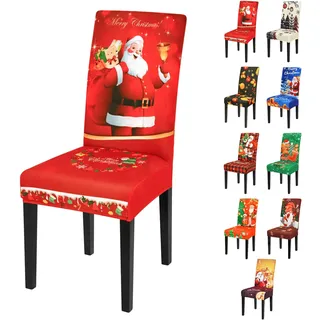 Yugarlibi Weihnachten Stretch Stuhlhussen 4er/6er Set Stuhlbezug Schwingstuhl Universal Elastische Hussen Xmas Waschbare Stühle Schutz für Esszimmer Hotel Party (4 Stück, Weihnachtsmann & Elch)