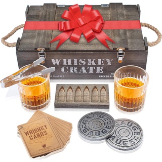 Whisky Geschenkset – Whiskey Gläser, Kugeln Steine und Untersetzer, Eiszange, Holzkiste, Geschichts- und Rezeptkarten – Zubehör Set, Geschenk für Männer, Ehemann, von Royal Reserve