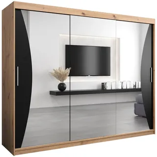 Abiks Möbel Schwebetürenschrank 200/250/62 3-türig , Eiche Artisan, Schwarz , Holz , Nachbildung , 9 Fächer , 250x200x62 cm , Schlafzimmer, Kleiderschränke, Schwebetürenschränke