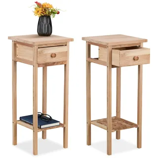 Relaxdays Telefontisch, 2er Set, Holz, HxBxT: 60 x 25 x 25 cm, Beistelltisch mit Schublade, für Flur & Wohnzimmer, Natur
