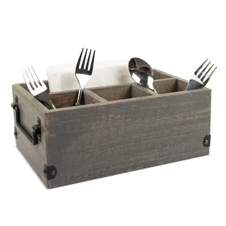 GoCraft Besteckkorb mit 4 Fächern, Besteck-Utensilienhalter, Besteck-Organizer mit Serviettenhalter für Küche, Esszimmer, Picknicks, grau gewaschenes Mangoholz mit Metallgriffen