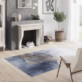 Contemporary Design Teppich Print Vintage Blau, Innenteppich für Wohnzimmer - Schlafzimmer, Abstraktes Patchwork mit Goldener Bordüre, Maschinengewebt, 100% Polyester, 160x230 cm, Goldgrau