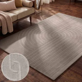 vikosa "Arcura" rechteckig 15 mm Höhe Wolle Handgemacht, Hoch-Tief-Effekt, Geometrisches Linien Wellendesign, hellgrau