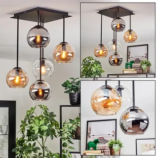 HOFSTEIN Deckenleuchte Koyoto, 5-flammige Deckenlampe aus Metall/Glas in Schwarz/Chrom/Rauch/Bernstein/Klar, Leuchte im Retro/Vintage-Design (Schirme Ø 15 cm), E14, Esszimmer, Wohnzimmer, Schlafzimmer