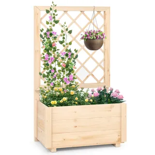 FANTASK Holz Blumenkasten, Pflanzkasten mit Rankgitter, Hochbeet mit Spalier & Drainagelöchern, Natur