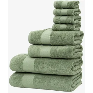 Handtuch Set WOLKENFELD "Premium Low-Twist Baumwolle 550 g/m2 – 8-teilig mit Waschlappen", grün, 8 tlg., Frottier, Frottier, Obermaterial: 100% Baumwolle, Handtuch-Sets, Handtuch Set, 2 Badetücher, 2 Handtücher groß & 4 Waschlappen