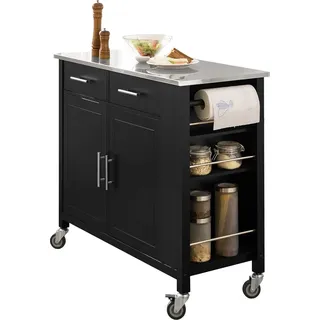 SoBuy Rolling Trolley Küchenwagen Aufbewahrungsschrank auf Rädern Multifunktionales Buffet mit Seitenregal, Türen und Schubladen Edelstahlschublade - Schwarz
