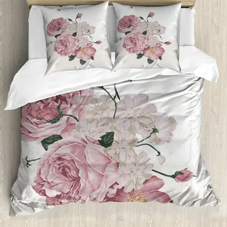 ABAKUHAUS Rose Bettbezugs Set Für Doppelbetten, Grunge Stil Rosa Blumenstrauss, Milbensicher Allergiker geeignet mit Kissenbezügen, Beige Dunkelgrün Puder Rosa Eierschalenfarben - Rosa